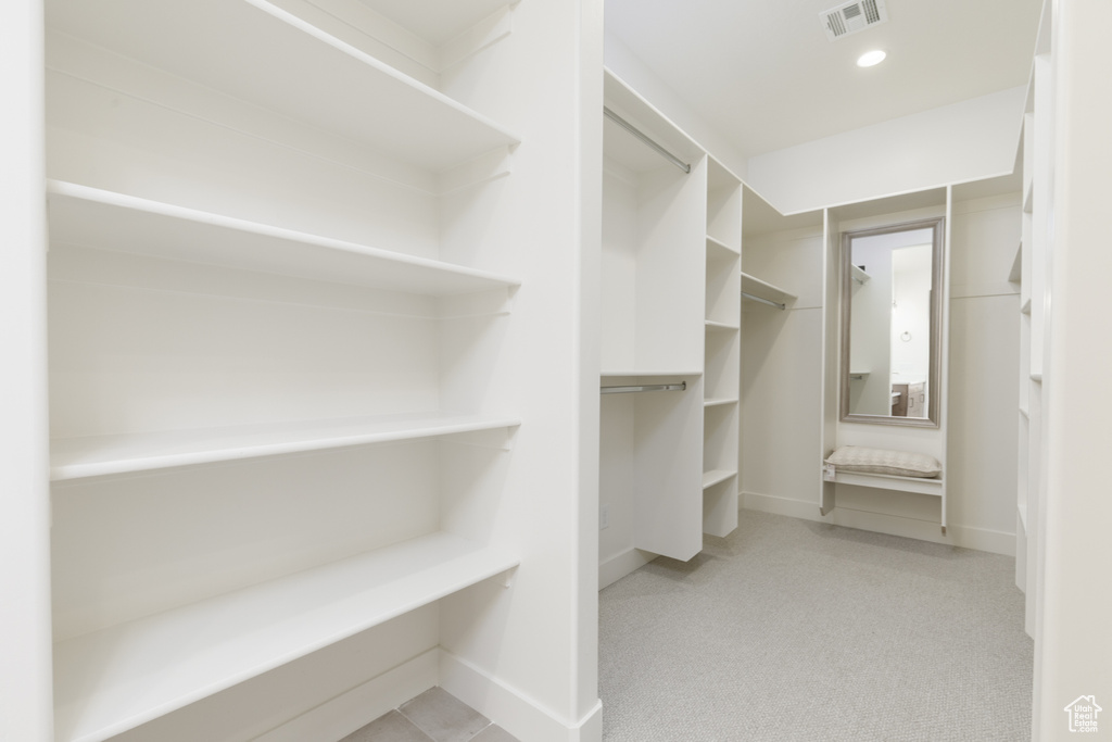 Spacious closet with light colored carpet