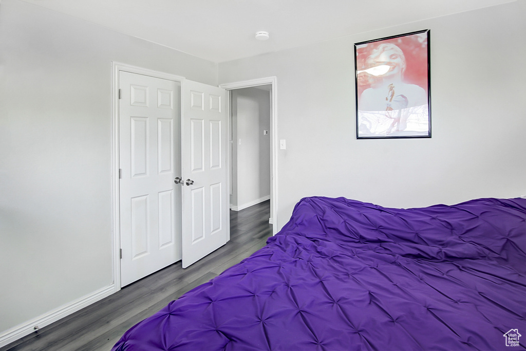 Bedroom featuring dark hardwood / wood-style floors and a closet