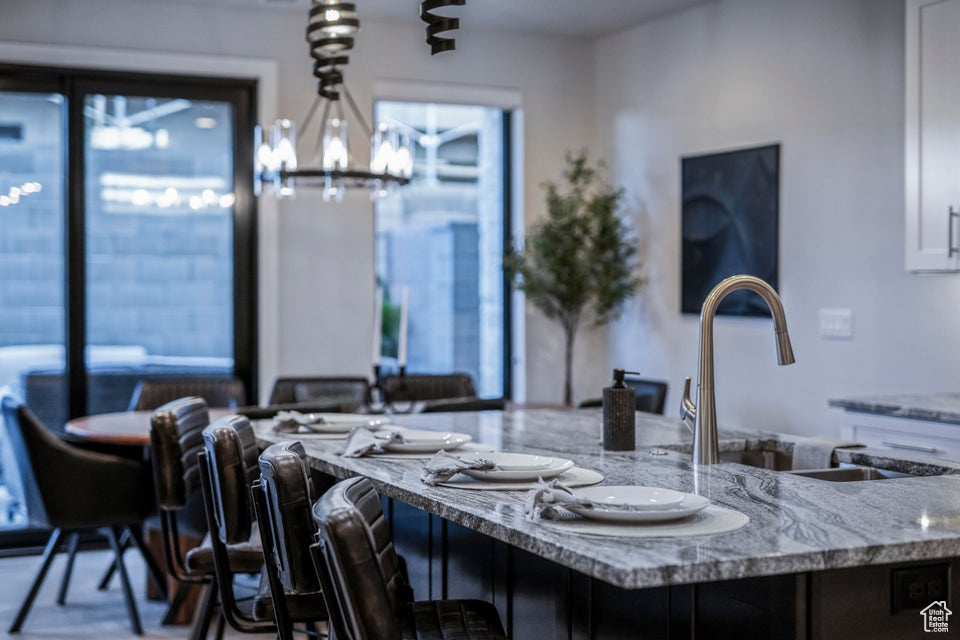 Interior space with a chandelier