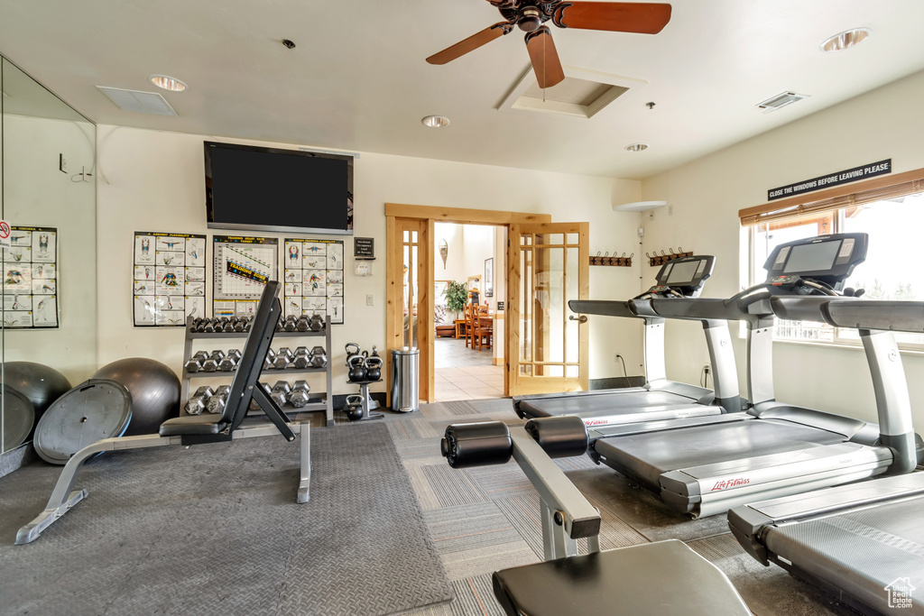 Workout area featuring ceiling fan and light colored carpet