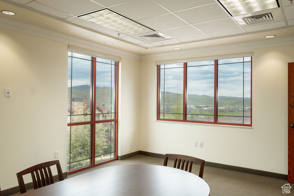 Unfurnished dining area featuring a wealth of natural light, carpet flooring, and a mountain view