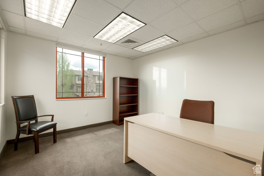 Office with a drop ceiling and light colored carpet