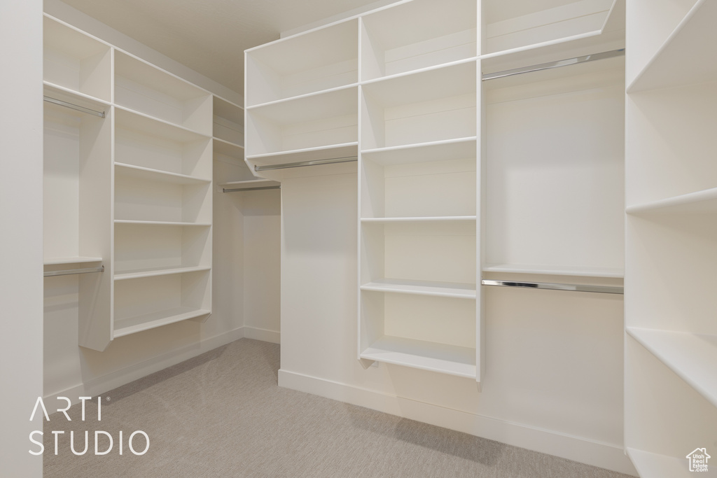 Walk in closet with light colored carpet