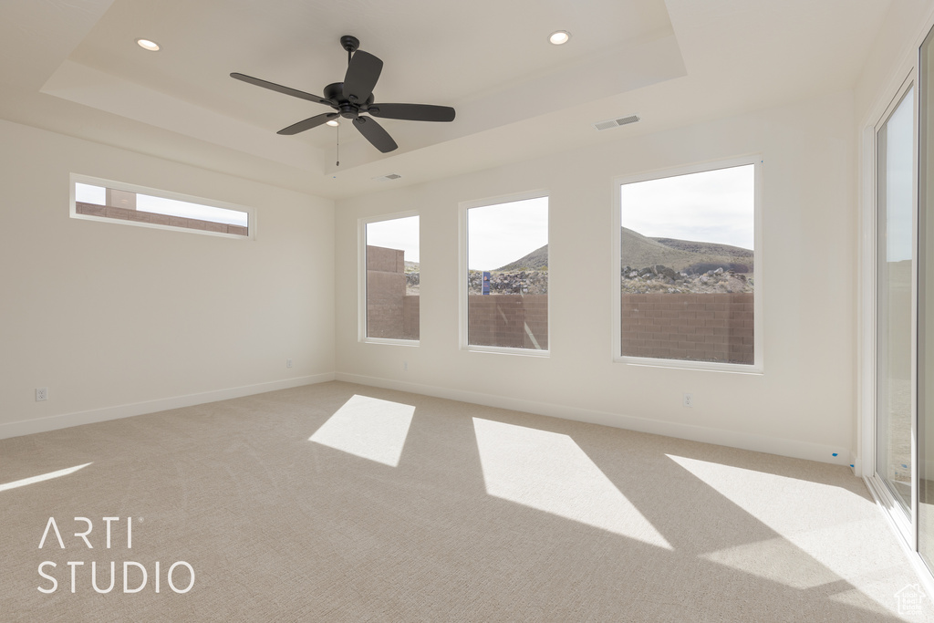 Empty room featuring a raised ceiling, ceiling fan, and a wealth of natural light