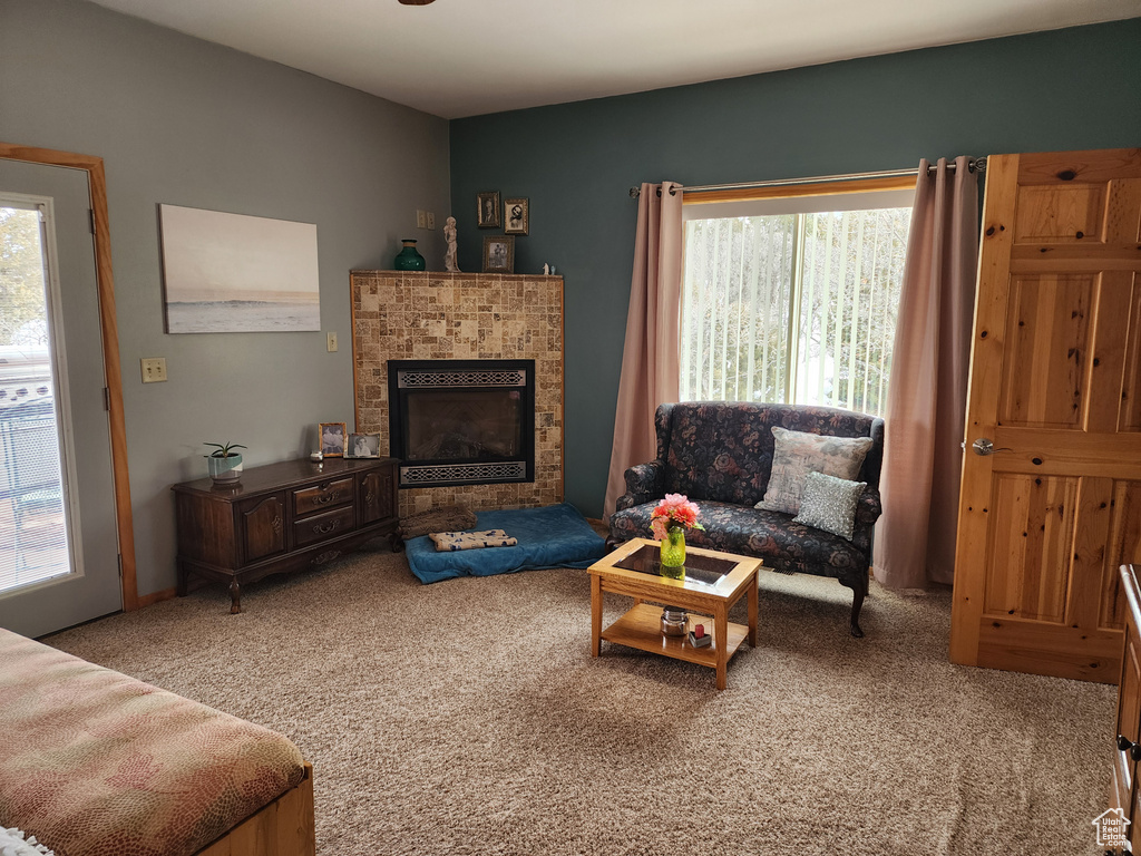 Living room featuring a fireplace and light colored carpet