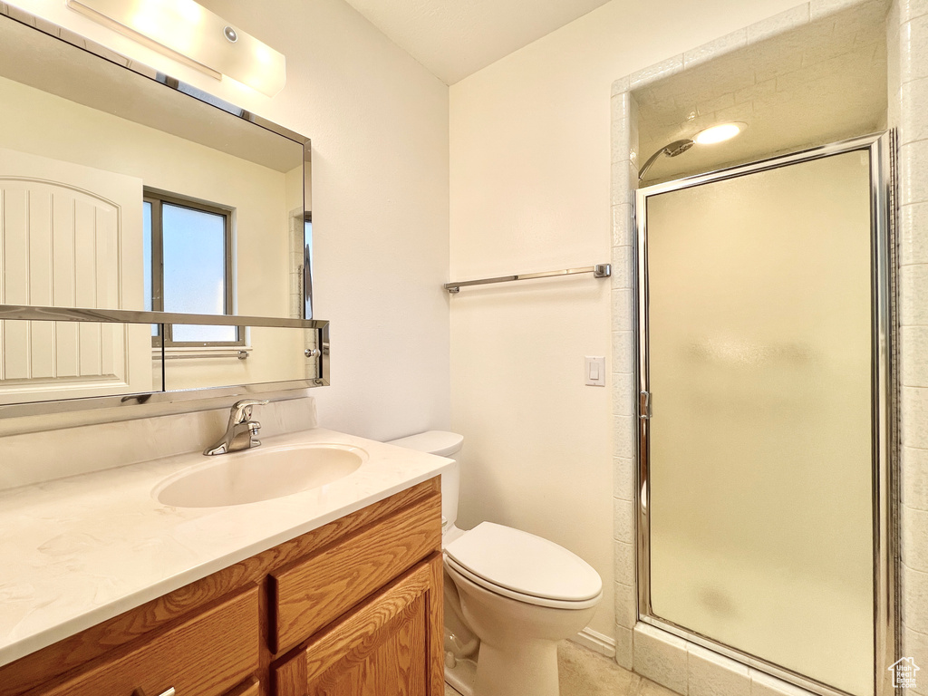 Bathroom featuring an enclosed shower, vanity, and toilet