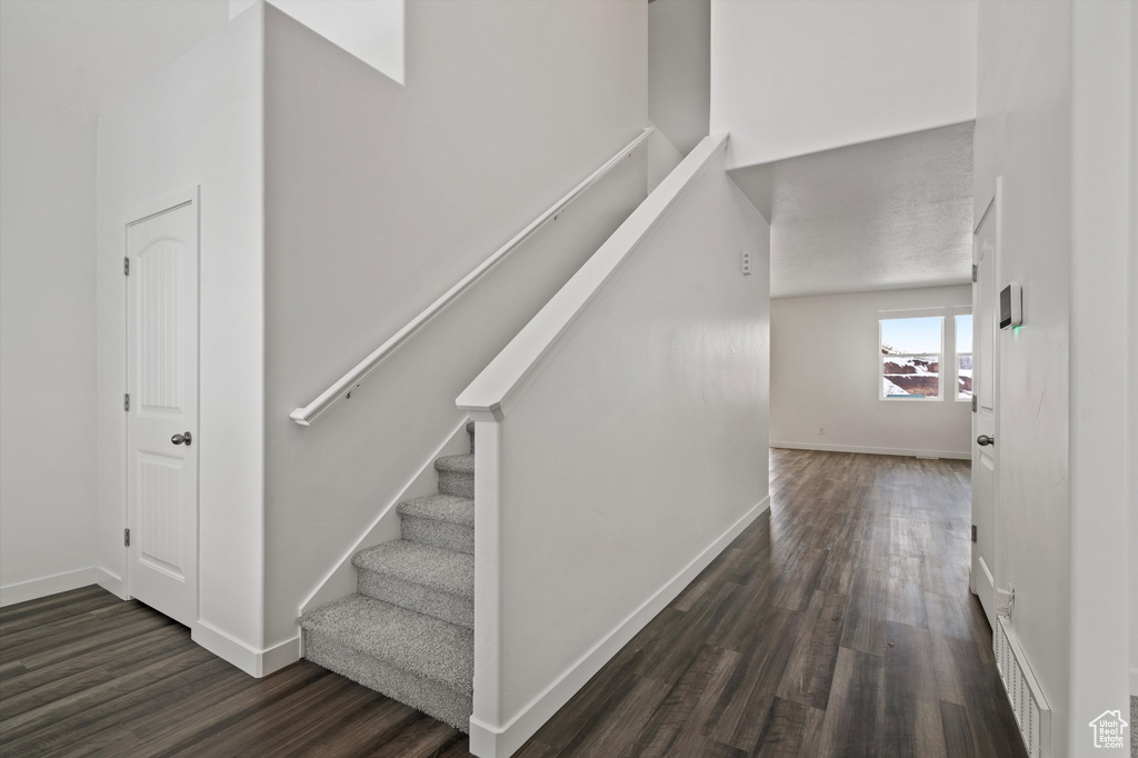 Staircase featuring dark hardwood / wood-style floors