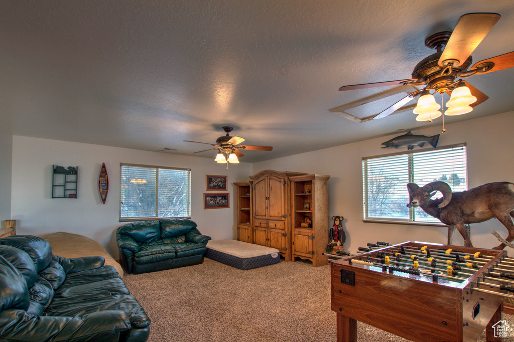Playroom featuring plenty of natural light, ceiling fan, and carpet