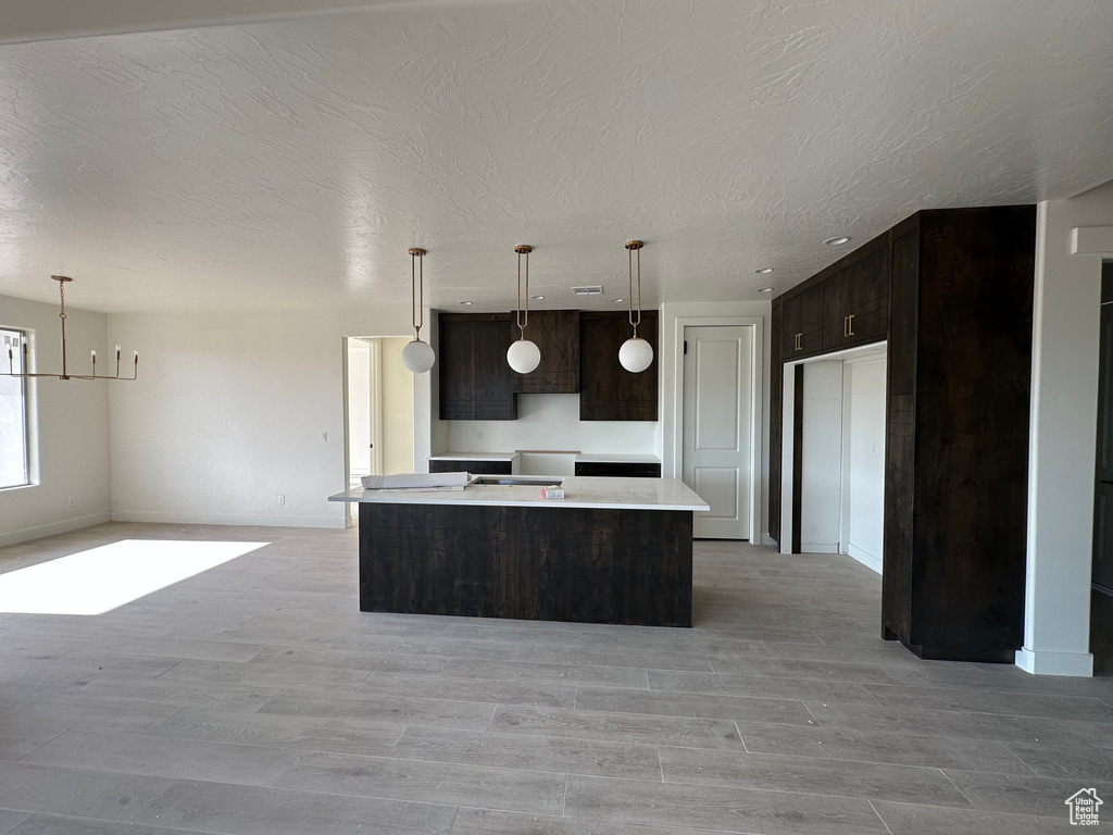 Kitchen featuring decorative light fixtures, light hardwood / wood-style flooring, and dark brown cabinets