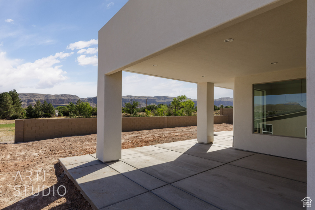 View of patio featuring a mountain view