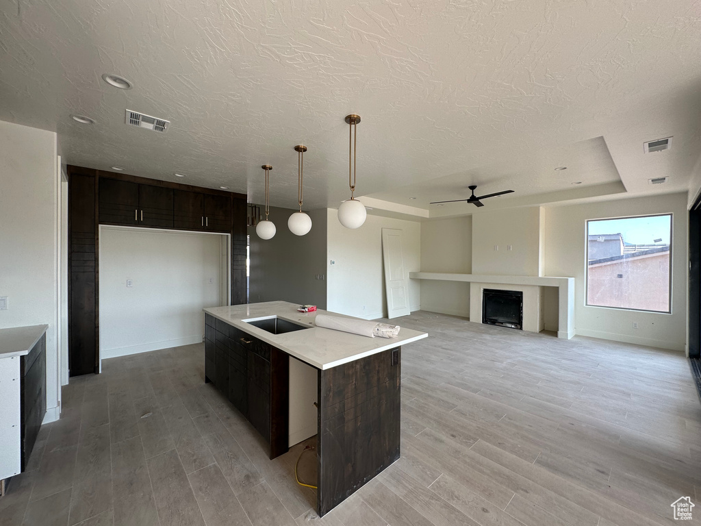 Kitchen with light hardwood / wood-style flooring, dark brown cabinets, an island with sink, ceiling fan, and a raised ceiling