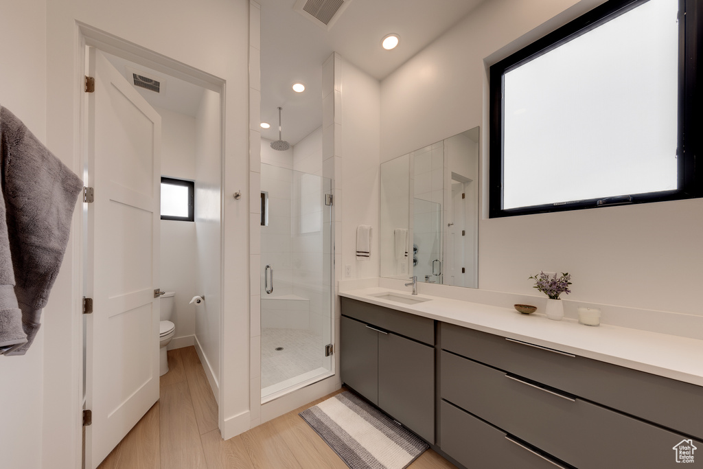 Bathroom featuring vanity, toilet, and a shower with door