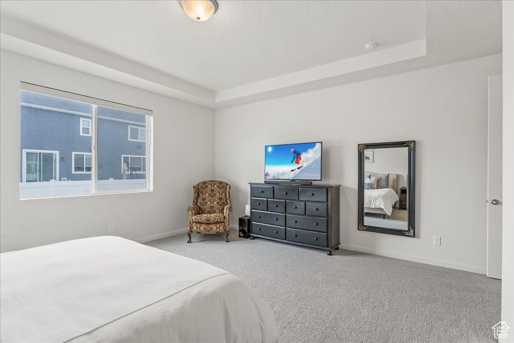 Bedroom featuring light carpet and a tray ceiling
