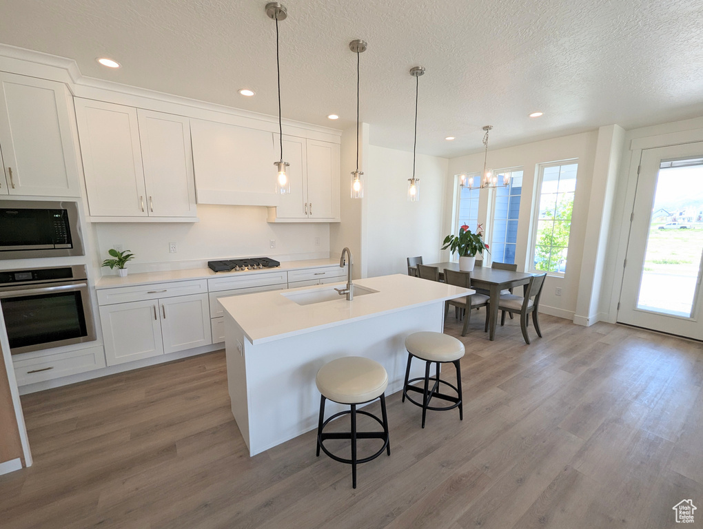 Kitchen with appliances with stainless steel finishes, decorative light fixtures, white cabinets, and hardwood / wood-style floors