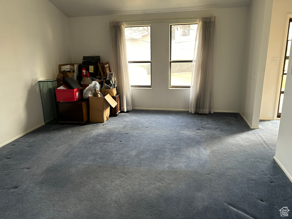 Misc room with dark colored carpet