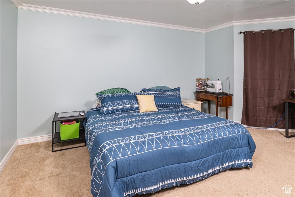 Bedroom with light carpet and ornamental molding