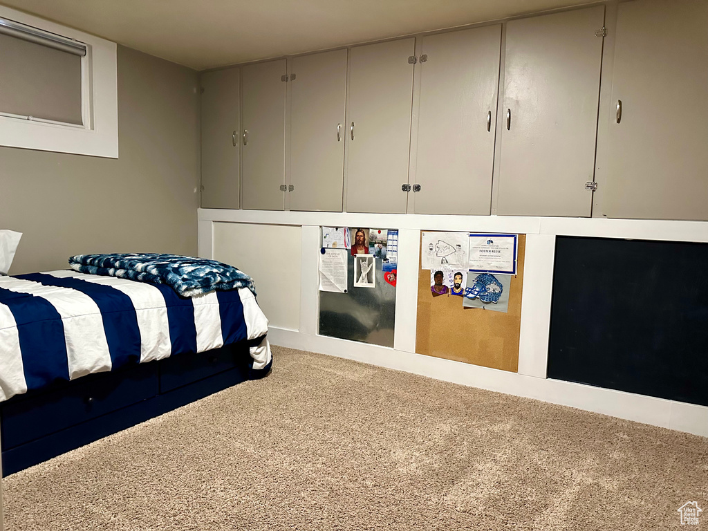 Carpeted bedroom with a closet
