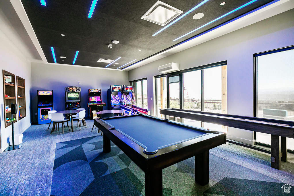 Playroom featuring dark carpet and billiards