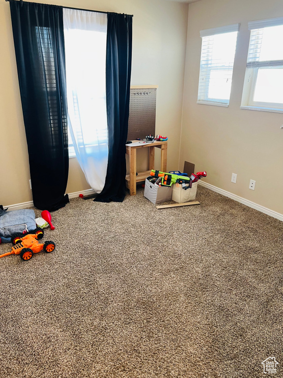 Game room with carpet floors and a healthy amount of sunlight