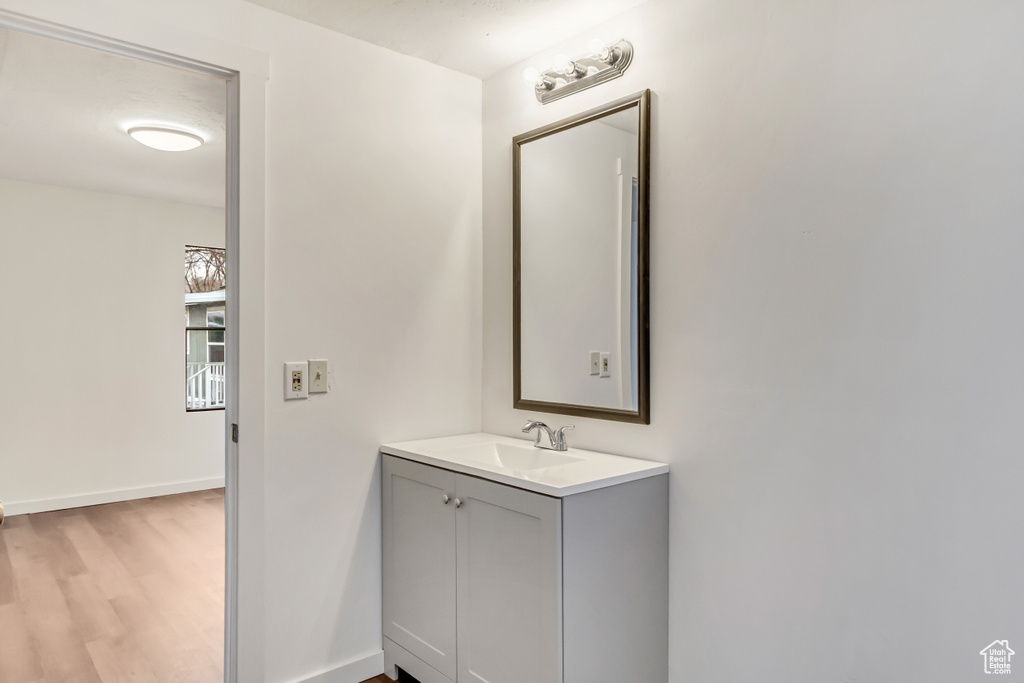 Bathroom with vanity with extensive cabinet space and wood-type flooring