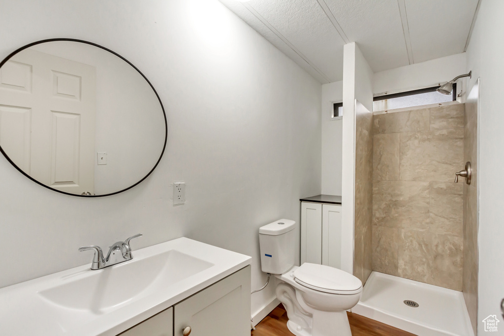 Bathroom with hardwood / wood-style floors, tiled shower, oversized vanity, and toilet