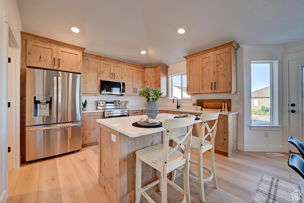 Kitchen with plenty of natural light, light hardwood / wood-style flooring, a center island, and appliances with stainless steel finishes