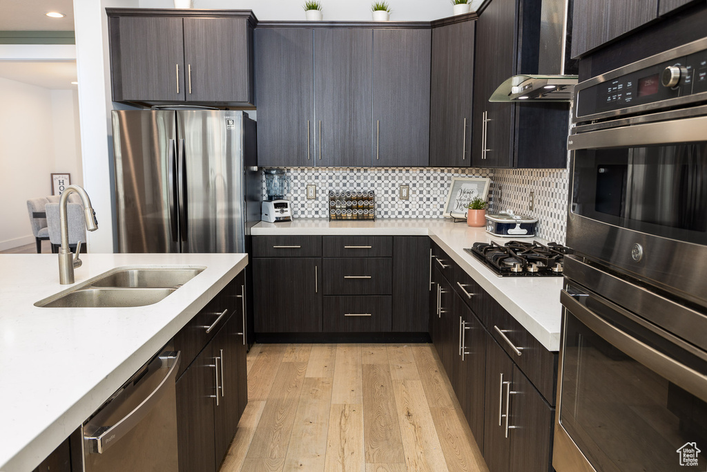 Kitchen featuring tasteful backsplash, light hardwood / wood-style floors, sink, and stainless steel appliances