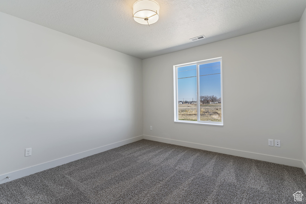 Unfurnished room with dark colored carpet and a textured ceiling