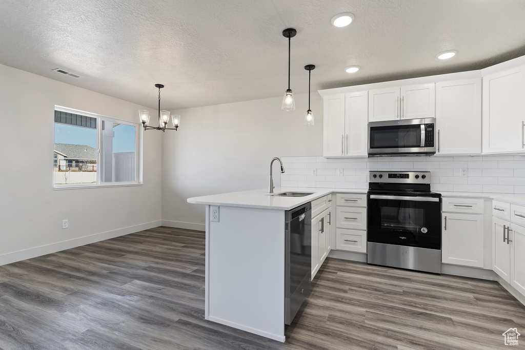 Kitchen featuring an inviting chandelier, sink, appliances with stainless steel finishes, and hardwood / wood-style floors