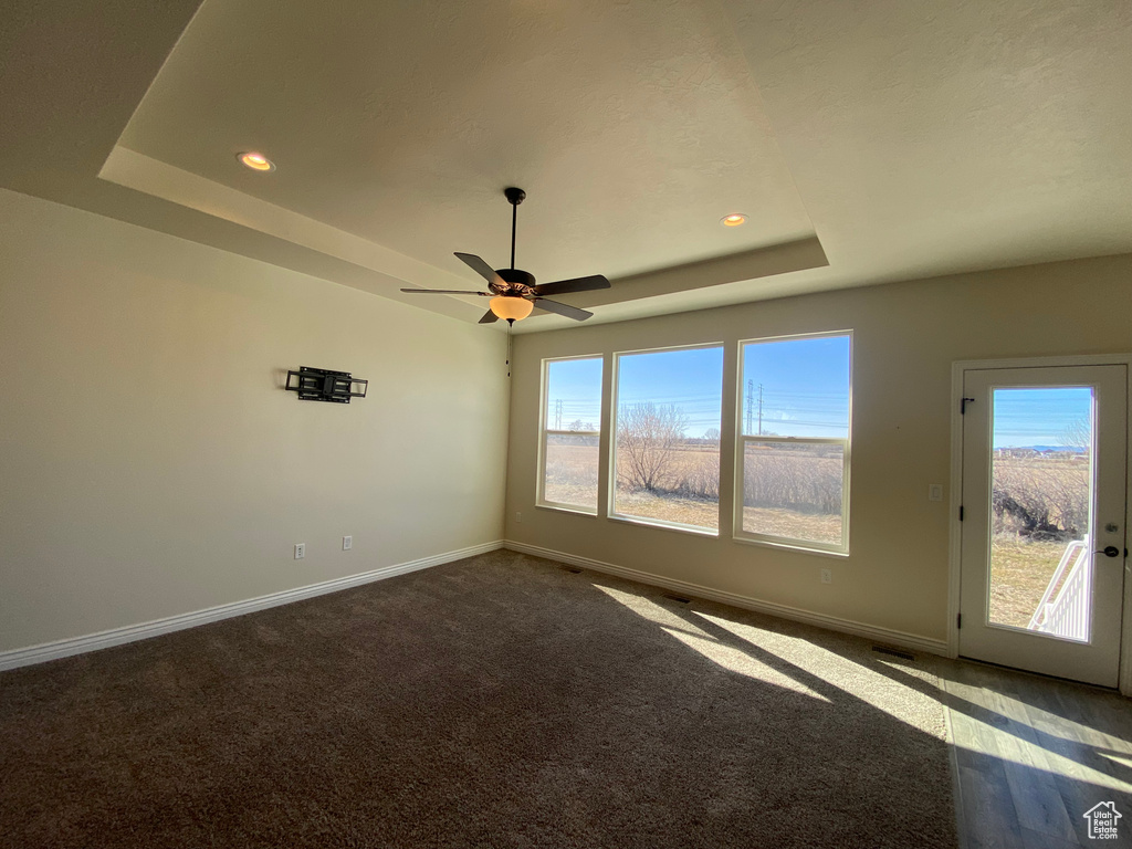 Carpeted spare room with a wealth of natural light, ceiling fan, and a tray ceiling