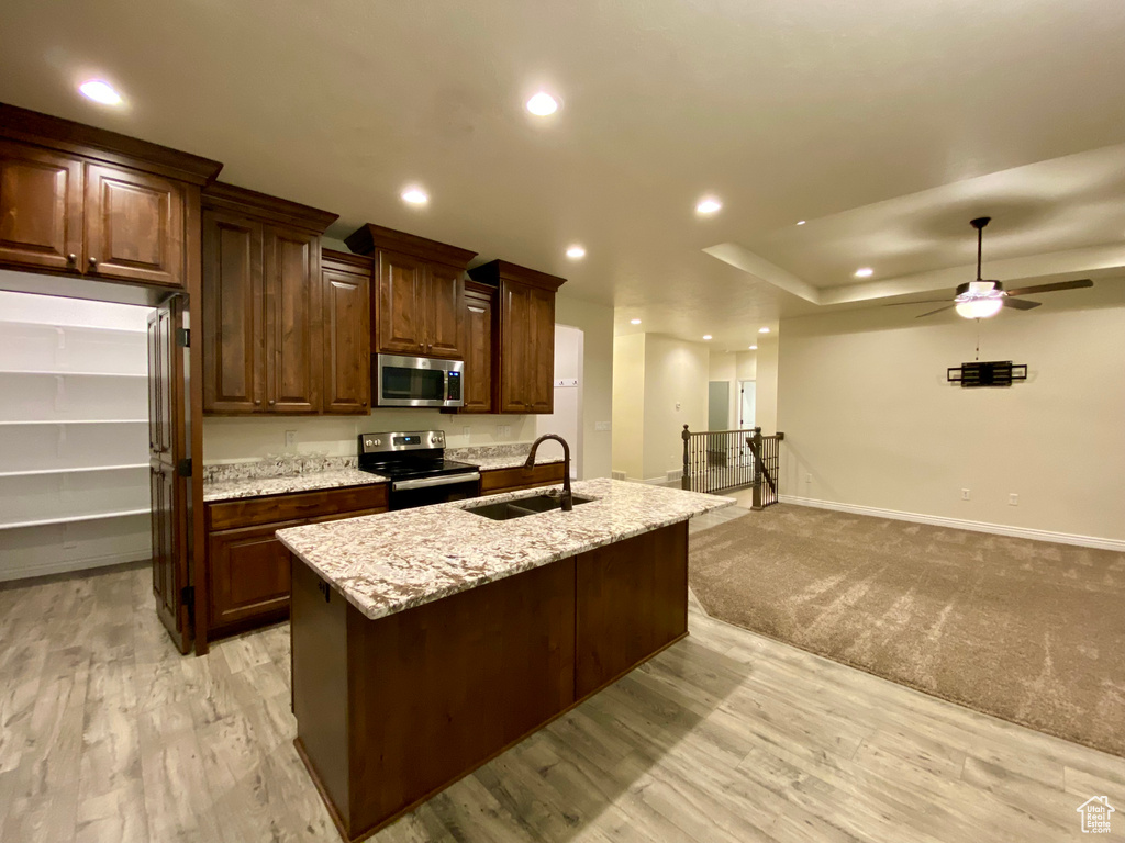 Kitchen with light wood-type flooring, stainless steel appliances, light stone counters, sink, and ceiling fan
