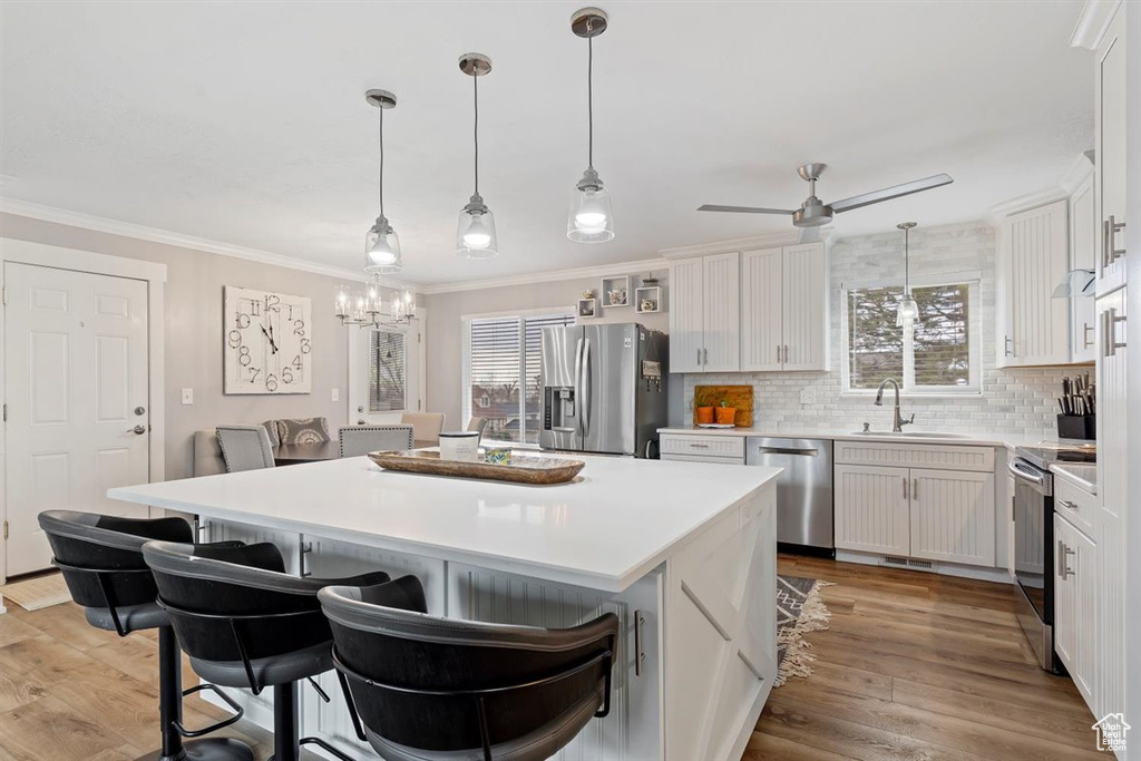 Kitchen with stainless steel appliances, a healthy amount of sunlight, and white cabinets