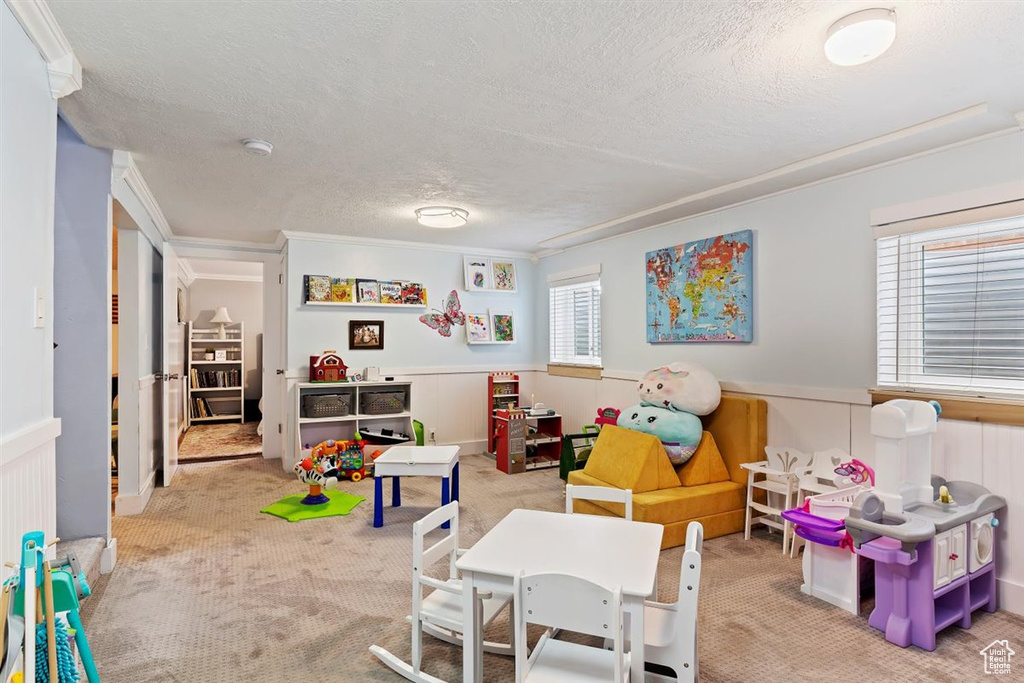 Playroom with ornamental molding, light carpet, and a textured ceiling