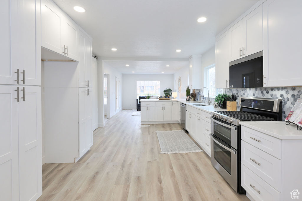 Kitchen featuring white cabinets, a wealth of natural light, stainless steel appliances, and light hardwood / wood-style floors