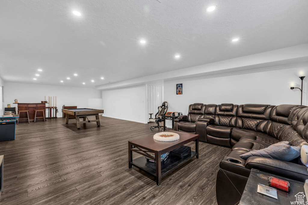 Living room featuring dark hardwood / wood-style floors and billiards