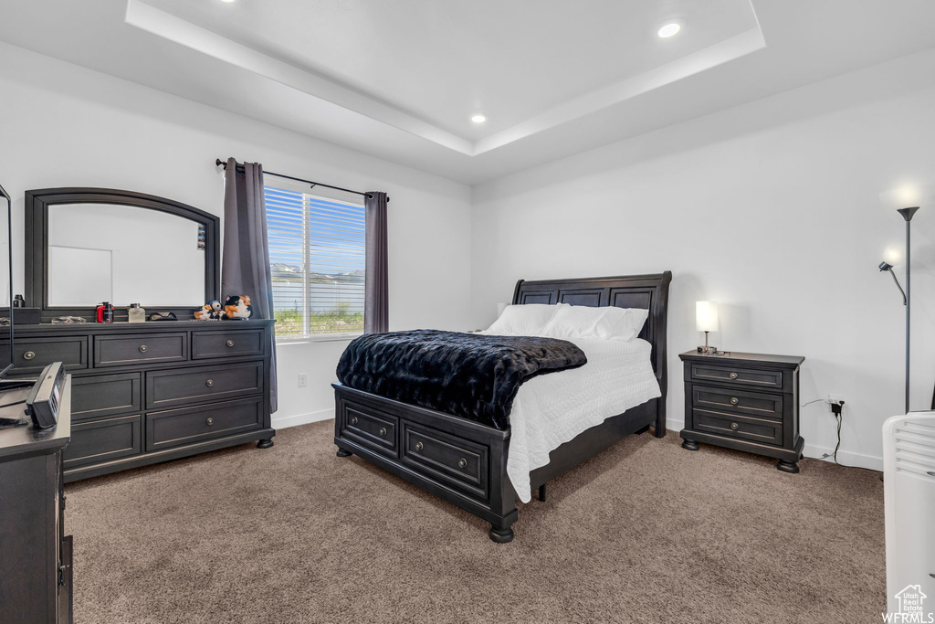 Bedroom featuring dark colored carpet and a tray ceiling