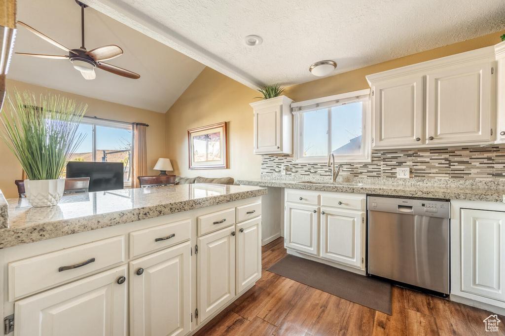 Kitchen featuring tasteful backsplash, stainless steel dishwasher, sink, dark hardwood / wood-style floors, and ceiling fan