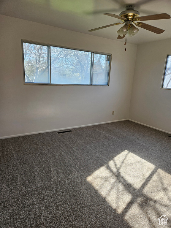 Spare room featuring ceiling fan, a wealth of natural light, and carpet floors