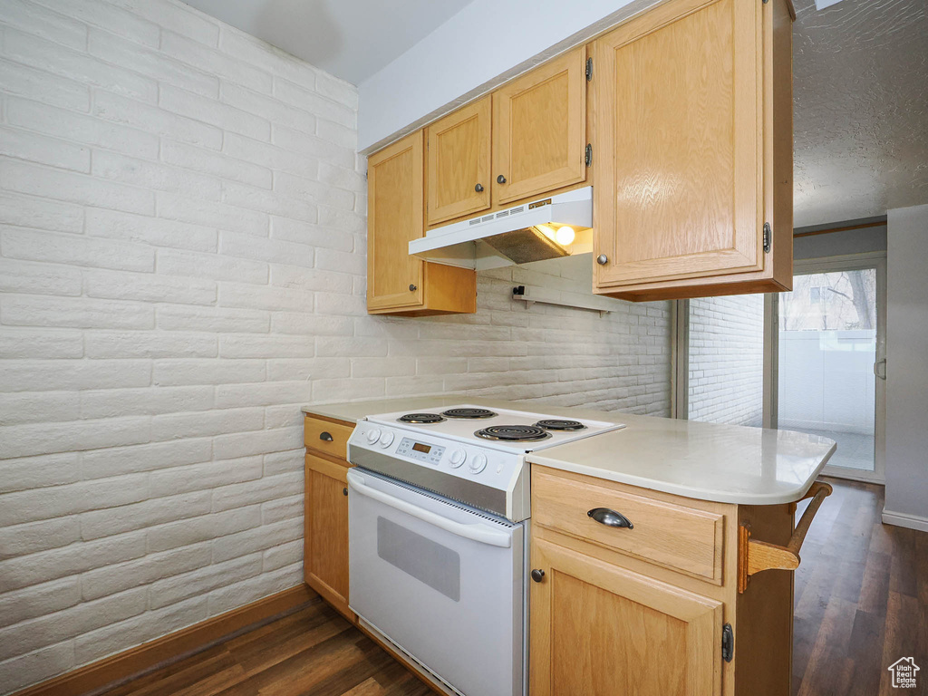 Kitchen with brick wall, kitchen peninsula, dark wood-type flooring, and electric range