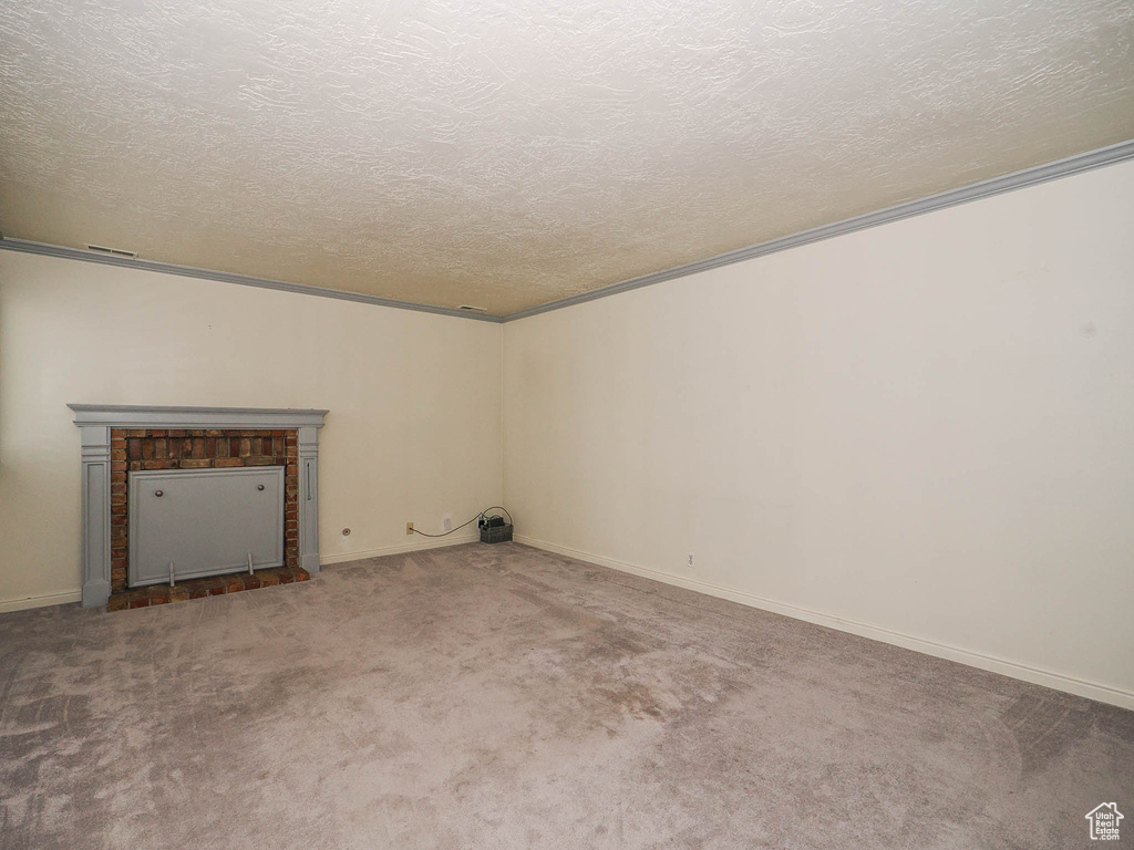 Empty room with carpet floors, ornamental molding, and a textured ceiling