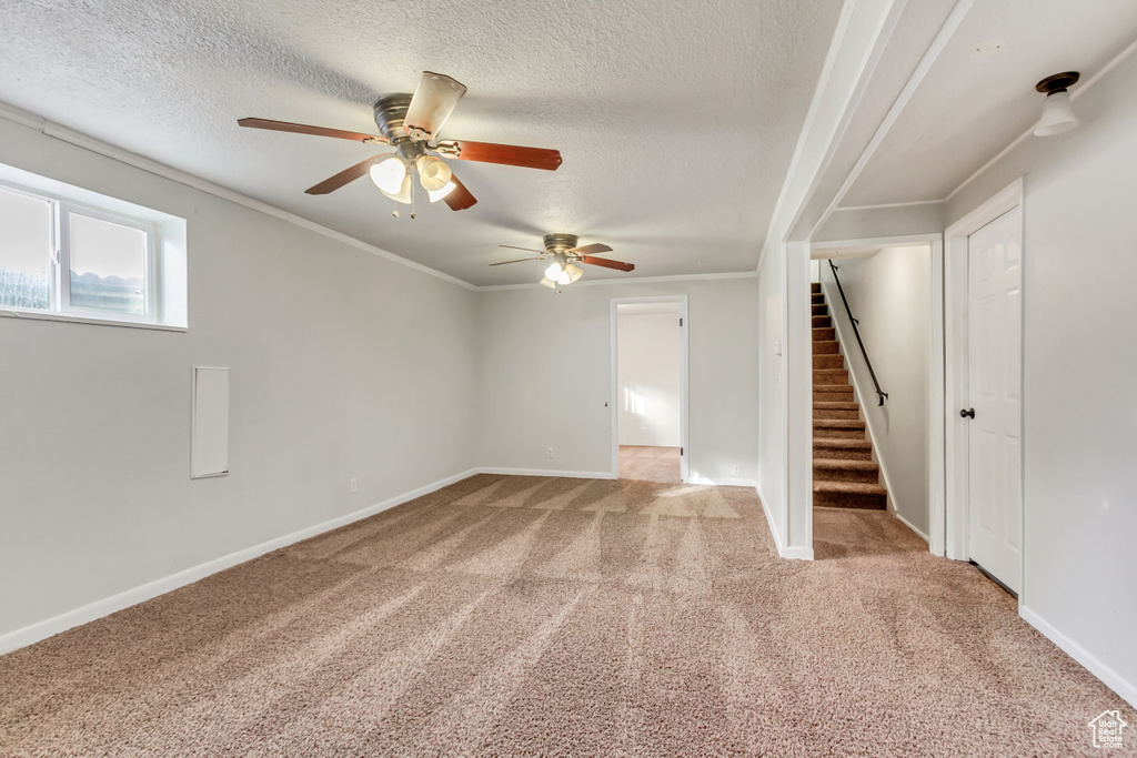 Basement featuring light carpet, crown molding, ceiling fan, and a textured ceiling