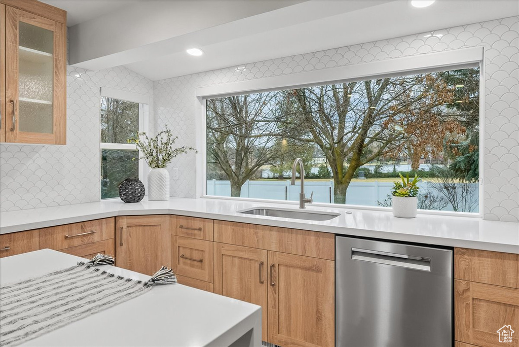Kitchen with stainless steel dishwasher, plenty of natural light, and sink