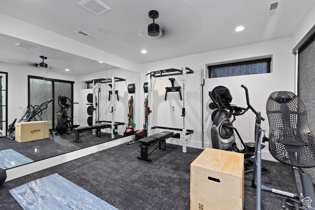 Workout area with ceiling fan