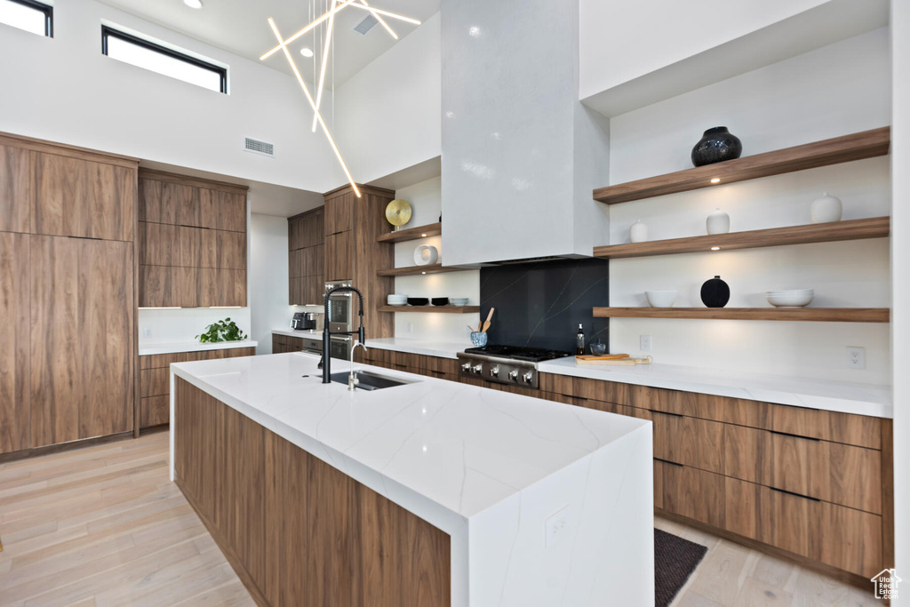 Kitchen featuring backsplash, light hardwood / wood-style flooring, sink, and a kitchen island with sink