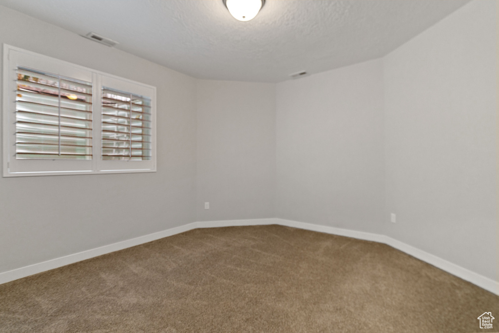 Unfurnished room featuring a textured ceiling and carpet flooring