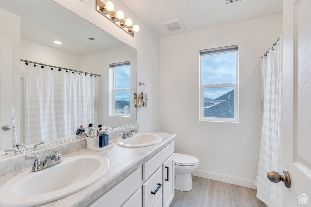 Bathroom featuring plenty of natural light, dual vanity, toilet, and wood-type flooring