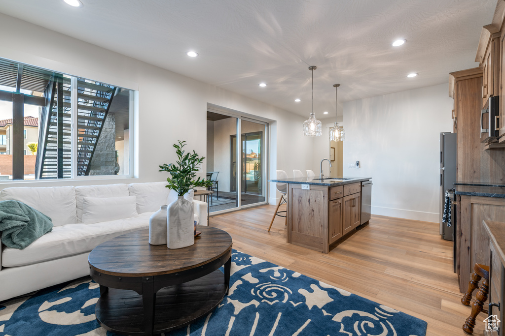 Living room featuring light hardwood / wood-style flooring, plenty of natural light, and sink
