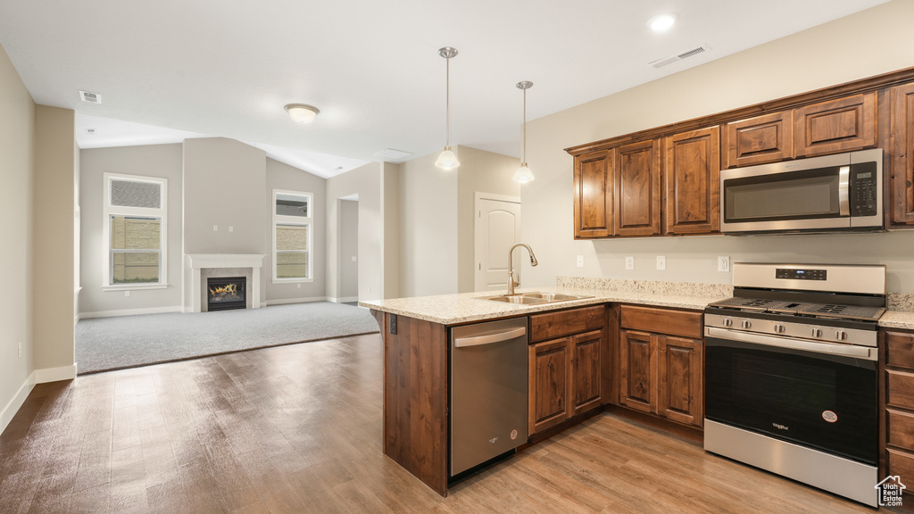 Kitchen with stainless steel appliances, light carpet, sink, decorative light fixtures, and a premium fireplace