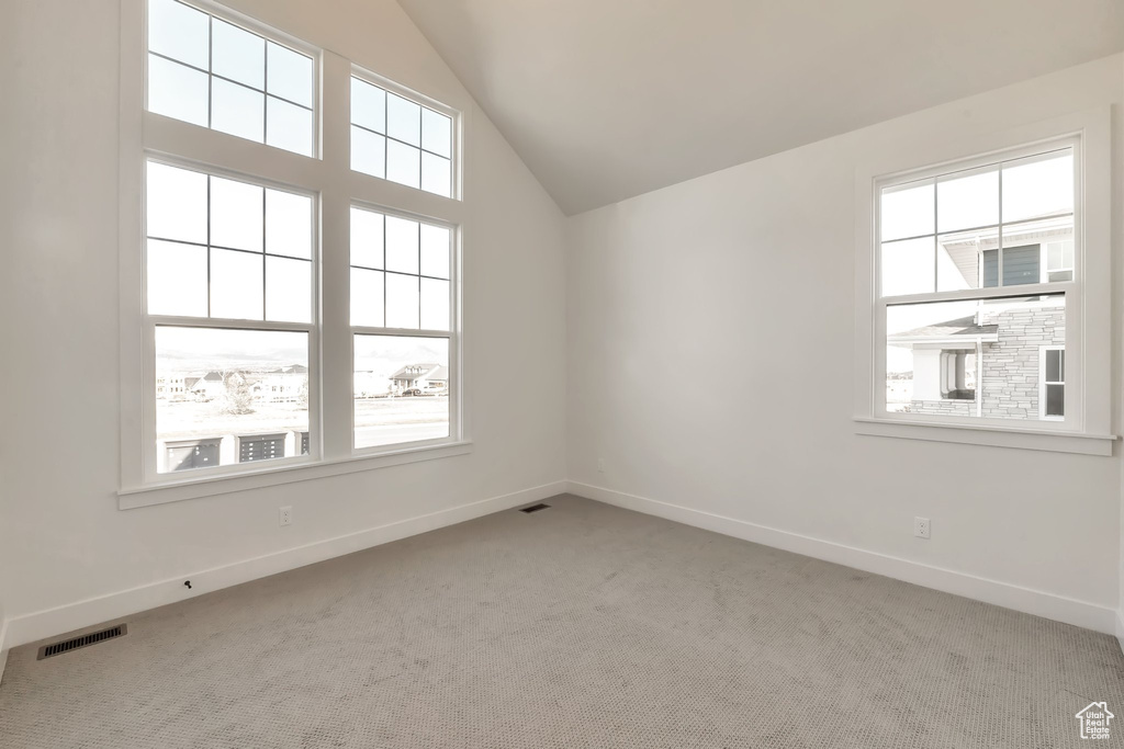 Empty room featuring plenty of natural light, light carpet, and lofted ceiling