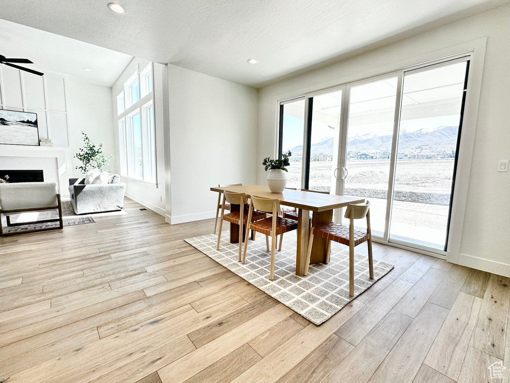 Dining space featuring ceiling fan, light hardwood / wood-style floors, and a mountain view